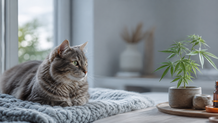 Graue Hauskatze beobachtet aus sicherer Entfernung eine kleine Hanfpflanze in einem ruhigen, lichtdurchfluteten Wohnraum.