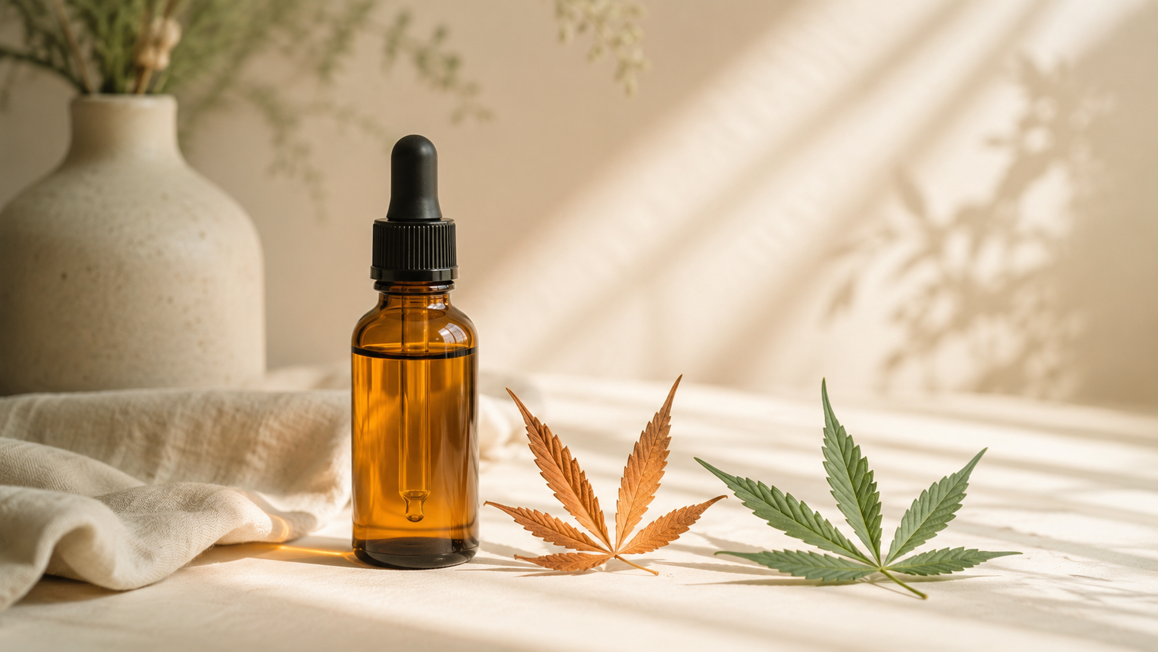Amber CBD oil dropper bottle beside a fresh and a gently aged hemp leaf in warm natural light, symbolising the natural formation of Cannabicyclol (CBL) over time.