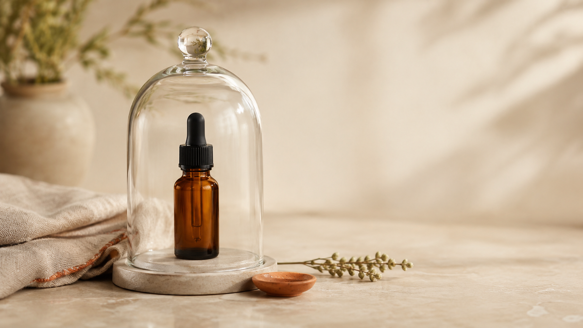 Amber CBD oil dropper bottle protected beneath a clear glass cloche on a warm stone surface with folded linen, a small dried hemp sprig, and soft natural light, symbolizing careful and selective CBD oil use.