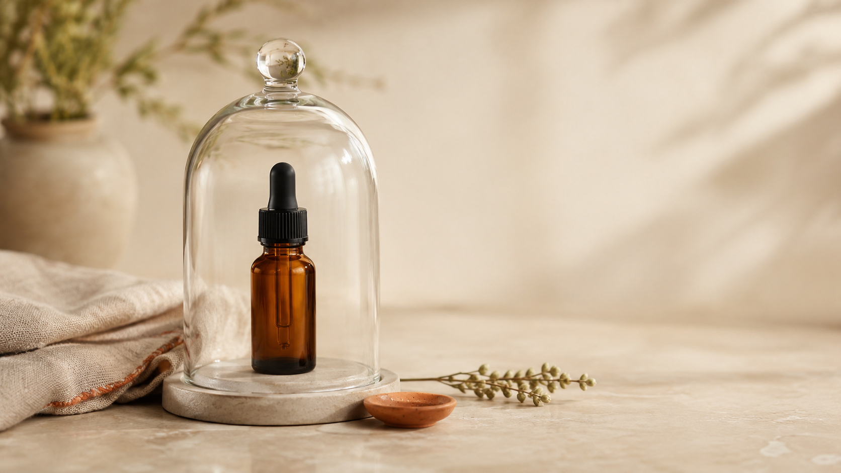 Amber CBD oil dropper bottle protected beneath a clear glass cloche on a warm stone surface with folded linen, a small dried hemp sprig, and soft natural light, symbolizing careful and selective CBD oil use.