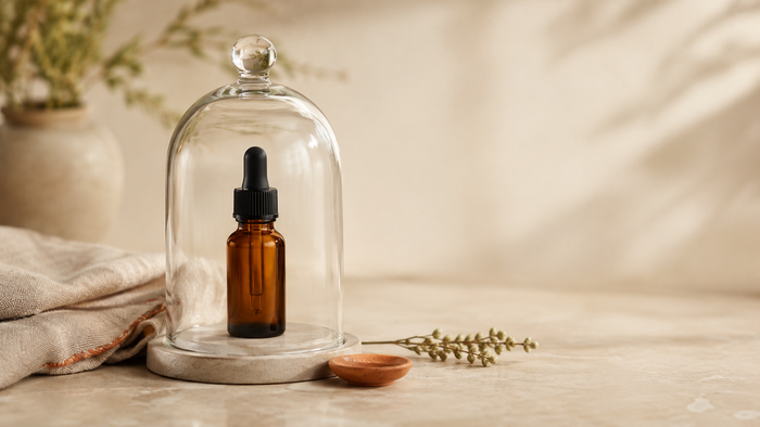 Amber CBD oil dropper bottle protected beneath a clear glass cloche on a warm stone surface with folded linen, a small dried hemp sprig, and soft natural light, symbolizing careful and selective CBD oil use.