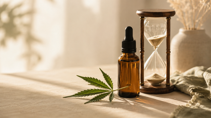 Amber CBD oil dropper bottle beside a wooden hourglass with flowing sand and a fresh hemp leaf on a warm natural surface, symbolizing the gradual breakdown and detectability of CBD in the body.