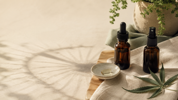 CBD Öl, Kapsel und Spray als verschiedene Einnahmeformen auf einer warmen Naturholz- und Leinenoberfläche mit sanftem Schatten, der den Zeitverlauf symbolisiert.