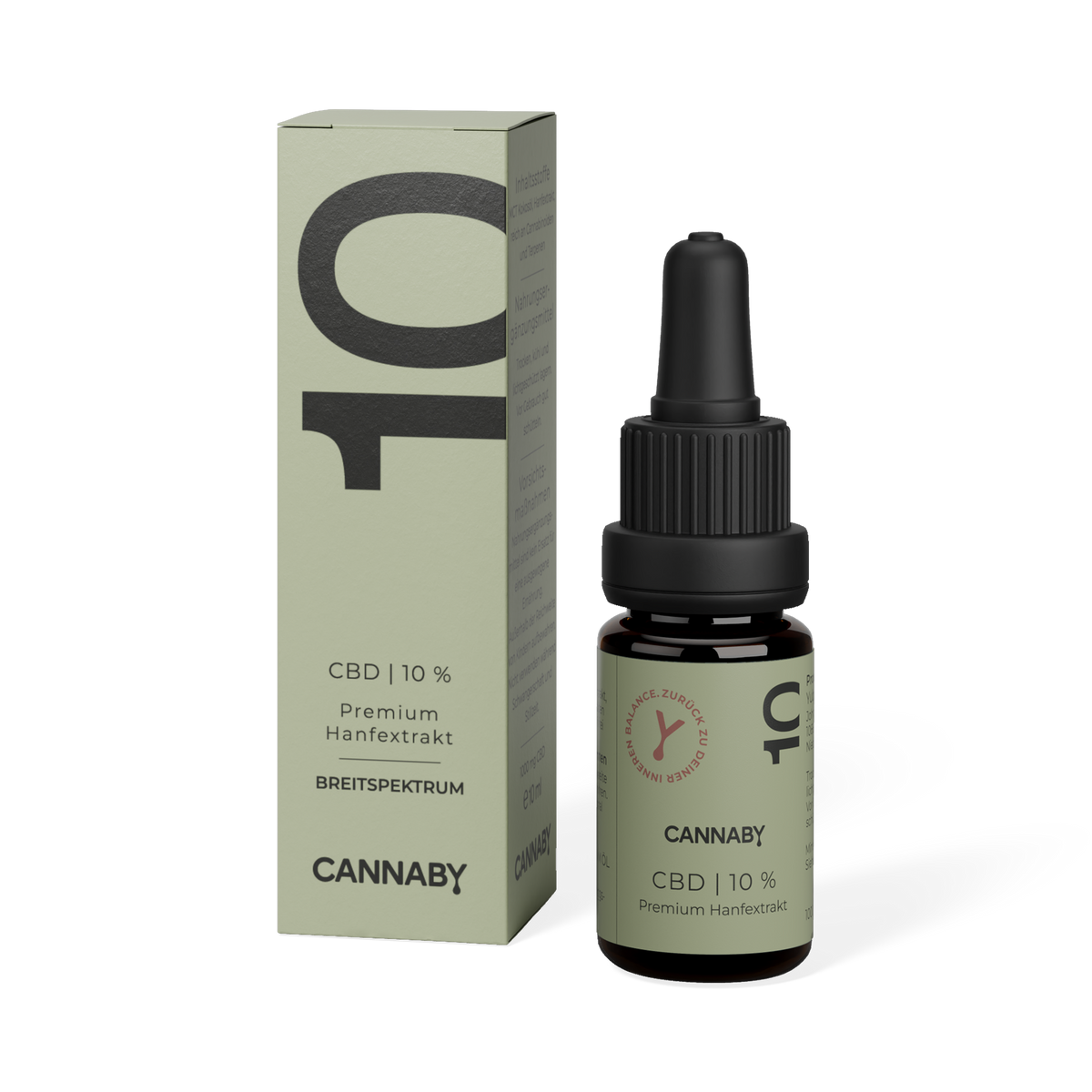 CBD Öl 10 % Breitspektrum von CANNABY mit Verpackung und Glasflasche
